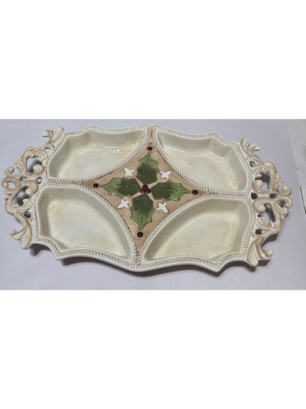 Amscan Home Christmas Divided Serving Tray Holly Berry Porcelain 16"x11"